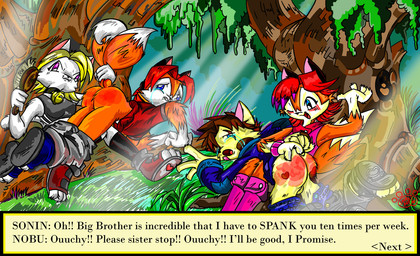 2_tails anthro ass_up balls bodily_fluids butt butt_slap corporal_punishment crying dialogue_box discipline dominant dominant_female female forest genitals group hand_print male male/female multi_tail on_lap plant punishment raised_tail reddened_butt slap spank_marks spank_marks_on_ass spanked_butt spanking submissive submissive_male tail tail_grab tears text tree smallmew canid canine domestic_cat felid feline felis fox mammal true_fox english_text brother_(lore) brother_and_sister_(lore) sibling_(lore) sister_(lore)