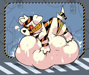 abdominal_bulge ambiguous_gender ambiguous_pred barricade_tape belly big_belly blush calling_for_release caution_tape claws crosswalk feet feral feral_pred fully_inside fur huge_belly motion_lines muffled red_eyes resting_on_belly size_difference smaller_pred soft_vore stop_sign tail traffic_light unseen_prey unwilling_prey vore whining white_body white_fur pawplants traffic_doggy_(pawplants) canid canine canis domestic_dog mammal 2025 digital_media_(artwork)