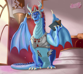 anthro book chest_armor crown headgear holding_book holding_object looking_at_viewer male master_chem_(tara_duncan) smile solo tara_duncan baxterkangaroo mythology dragon mythological_creature mythological_scalie scalie hi_res