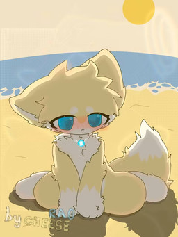beach biped blue_eyes blush cheese chibi dairy_products female food fur kneeling looking_at_viewer on_ground sea solo sunset tail water white_body white_fur yellow_body yellow_fur cheese_rao canid canine fox mammal 3:4 hi_res
