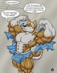 abs anthro athletic begging_for_more biceps big_muscles biped black_nose blonde_hair bottomwear brown_body brown_fur bulge canid canine canis clenched_teeth clothed clothing comic dialogue doctor's_office english_text eyes_closed fangs flexing flexing_bicep flexing_both_biceps fur grey_body grey_fur growth hair hi_res huge_muscles male mammal muscle_growth muscular muscular_anthro muscular_male nipples obliques pants pecs permanent permanent_transformation pose shirt solo standing tan_body tan_fur teeth text topless topwear torn_clothing transformation transformation_through_cum triceps verbal_reaction_to_tf wolf zeusralo