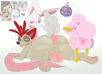 4_toes animal_genitalia animal_vulva anus beak big_butt butt canine_genitalia canine_vulva cloaca feet female feral fur genitals group hair half-closed_eyes hindpaw looking_at_viewer looking_back narrowed_eyes nude pawpads paws pink_body pink_sclera simple_background tail toes tongue tongue_out trio vulva white_body wings backsash one_piece avian bird canid canine hybrid mammal reptile scalie snake 2026 digital_media_(artwork) reference_image