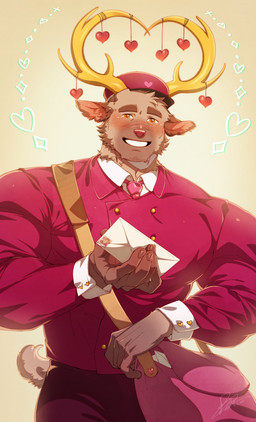 anthro antlers bottomwear clothing cuff_links delivery_(commerce) delivery_employee double_breasted_suit fur golden_antlers hat headgear headwear heart_cuff_links heart_symbol holding_letter horn letter looking_at_viewer male muscular muscular_anthro muscular_male necktie pants pink_bottomwear pink_clothing pink_hat pink_headwear pink_necktie pink_pants pink_suit postal_carrier postal_delivery red_nose small_tail smile solo stamp suit tail tan_body tan_fur white_dress_shirt yellow_eyes booboo34 deer mammal new_world_deer reindeer 2024 absurd_res dated hi_res signature