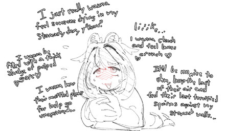 anthro blush bodily_fluids claws dialogue explicit_text fangs fantasizing hair horn open_mouth open_smile sadism smile solo sweat tail tail_motion tailwag teeth text vore grindaviking halldis mammal english_text hi_res trans_(lore) trans_woman_(lore)