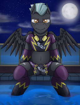 arm_warmers armwear balls_outline briefs bulge clothed clothed_feral clothed_male clothing crop_top detailed_bulge drawstring drawstring_bottomwear drawstring_swimwear eyewear feral footwear genital_outline goggles goggles_around_neck legwear looking_at_viewer male midriff moon navel night poolside reflection shadowbolts_uniform shirt sitting socks solo speedo spread_legs spread_wings spreading stockings swimwear topwear underwear water wings tacomytaco friendship_is_magic hasbro my_little_pony mythology shadowbolts_(mlp) thunderlane_(mlp) equid equine horse mammal mythological_creature mythological_equine pegasus pony absurd_res hi_res