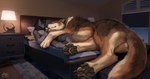 anthro bed cheek_tuft chest_tuft claws digitigrade duo facial_tuft feral finger_claws furniture inner_ear_fluff larger_feral lying lying_on_bed male neck_tuft nude on_bed pawpads size_difference smaller_anthro tail toe_claws tuft zephyxus dravu gausswolf canid canine canis mammal wolf 2023 colored digital_drawing_(artwork) digital_media_(artwork) full-length_portrait portrait