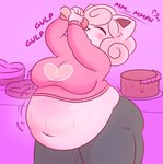 anthro belly big_belly big_breasts blush bottomwear box_of_chocolates breasts butt cake candy chocolate clothing dessert eating eyes_closed female food generation_1_pokemon hair hi_res huge_breasts huge_thighs jigglypuff motion_lines navel nintendo obese obese_anthro obese_female overweight overweight_anthro overweight_female pants pink_body pink_hair pokemon pokemon_(species) rumbling_stomach shirt solidswiig solo sound_effects stuffing text thick_thighs topwear unavailable_at_source weight_gain