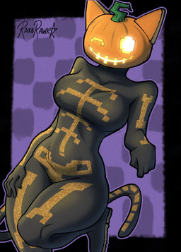 anthro big_breasts boots breasts checkered clothing female food footwear for_a_head fruit jumpsuit looking_at_viewer one_eye_closed plant pumpkin pumpkin_head shoes small_waist smile smirk solo thick_thighs wide_hips wink winking_at_viewer rakurawr epic_games fortnite spice_(fortnite) domestic_cat felid feline felis mammal object_head hi_res