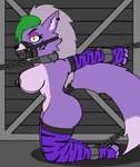 anthro areola bdsm big_breasts bondage bound breasts chain chained ear_piercing ear_ring female green_hair grey_areola grey_nipples hair kneeling looking_at_viewer multicolored_hair nipples piercing ring_piercing solo white_hair yellow_eyes nidrog five_nights_at_freddy's five_nights_at_freddy's:_security_breach scottgames steel_wool_studios roxanne_wolf canid canine canis mammal wolf 2022 hi_res