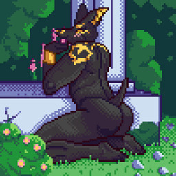 anthro arm_tattoo barazoku black_body black_fur blush bracelet bubble_butt butt detailed_background eyes_closed flower fur garden gold_(metal) gold_jewelry jewelry kneeling male muscular outside piercing plant rear_view solo tattoo tongue tongue_out akadthefox adastra adastra_(series) echo_project neferu_(adastra) anubian_jackal canid canine canis jackal mammal 1:1 digital_media_(artwork) pixel_(artwork)