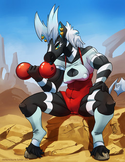 anthro anthrofied blue_eyes breasts cleavage clothed clothing dumbbell ear_piercing exercise female hair hooves muscular muscular_anthro muscular_female nipple_outline piercing pokemorph solo weightlifting weights white_hair workout yellow_sclera zwitterkitsune nintendo pokemon equid generation_5_pokemon mammal pokemon_(species) zebstrika 2017