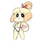 anthro ball beach_ball big_breasts bikini blush breasts clothed clothing female fur hair inflatable nipples one-piece_swimsuit simple_background sling_bikini smile solo swimwear two-piece_swimsuit yellow_body yellow_fur vallycuts animal_crossing nintendo isabelle_(animal_crossing) canid canine canis domestic_dog mammal shih_tzu toy_dog low_res