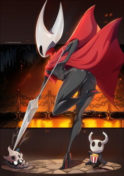 ambiguous_gender black_arms black_butt black_fingers black_hands black_legs breasts butt cloak cloak_only clothing female feral food hornet's_needle larger_female monotone_cloak popcorn popcorn_bucket red_cloak red_clothing shadow size_difference smaller_ambiguous smaller_feral white_head felox08 hollow_knight:_silksong hollow_knight_(franchise) team_cherry hornet_(hollow_knight) the_knight_(hollow_knight) arthropod vessel_(species) hi_res