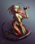 anthro biped breasts cherry dewlap_(anatomy) female food fruit gular_flap kneeling non-mammal_breasts plant simple_background slightly_chubby solo sub-tympanic_shield tail tumorhead iguana iguanid lizard reptile scalie 2011 4:5