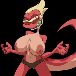 anthro areola big_breasts black_background blonde_hair blotchy_areola breasts clothed clothing female fingers green_tongue hair huge_breasts looking_at_viewer mostly_nude multicolored_body naughty_face nipples panties panties_only pink_body pink_skin red_body red_skin sharp_teeth simple_background solo tail teeth tongue topless two_tone_body underwear underwear_only inker_comics amphibia_(series) disney general_yunan amphibian newt salamander 1:1 2024 absurd_res hi_res
