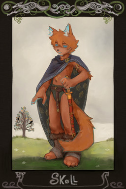 ambiguous_gender anthro armlet belt blue_eyes boots brown_belt brown_boots brown_clothing brown_footwear cape chest_tuft clothing footwear fur gold_(metal) gold_armlet gold_jewelry grass green_clothing green_underwear grey_sky hair inner_ear_fluff jewelry looking_at_viewer melee_weapon navel orange_body orange_fur orange_hair plant scabbard shoes sky solo standing sword tail tree tuft underwear weapon young shinni ambient_crow canid canine canis mammal wolf absurd_res hi_res