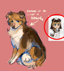 alternate_species ambiguous_gender blue_eyes blush brown_body brown_fur feral feralized floppy_ears fluffy folded_ears fur furrification multicolored_body multicolored_fur orange_body orange_fur pink_background quadruped simple_background solo white_body white_fur azulmagpie attack_on_titan armin_arlert canid canine canis domestic_dog mammal 2026 male_(lore)