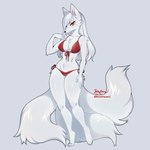 3_tails 4_toes 5_fingers anthro big_breasts bikini black_nose breasts chest_tuft clothing feet female fingers fur hair looking_at_viewer multi_tail navel orange_eyes red_bikini red_clothing red_swimwear simple_background smile solo swimwear tail toes tuft two-piece_swimsuit white_body white_fur white_hair jellyenvy canid canine fox mammal 1:1 absurd_res artist_name digital_media_(artwork) hi_res