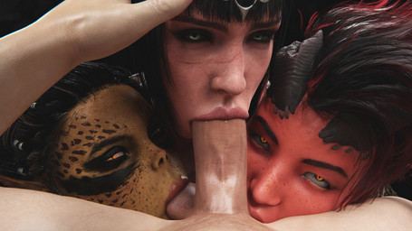 ball_suck black_hair female genitals green_body group hair hand_on_head horn interspecies male male/female markings oral oral_penetration penetration penis penis_in_mouth red_body scar sex sucking dbgret baldur's_gate baldur's_gate_3 larian_studios karlach lae'zel shadowheart_(baldur's_gate) elf githyanki horned_humanoid human humanoid mammal tiefling 3d_(artwork) absurd_res digital_media_(artwork) hi_res