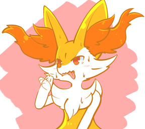 3_fingers abstract_background ambiguous_anthro ambiguous_gender anthro arm_tuft biped blush blush_lines bodily_fluids cheek_tuft chest_tuft facial_tuft fanning fanning_self fingers flat_chested front_view fur inner_ear_fluff multicolored_body multicolored_fur neck_tuft nude_ambiguous nude_anthro open_mouth orange_body orange_eyes orange_fur orange_inner_ear_fluff pink_background pointy_ears prick_ears shoulder_tuft simple_background snout solo sweat sweatdrop tailless tapering_snout tongue tongue_out tuft wavy_mouth white_background white_body white_fur white_hands yellow_body yellow_ears yellow_fur momensarada nintendo pokemon braixen canid generation_6_pokemon mammal pokemon_(species) 2022 cel_shading colored digital_drawing_(artwork) digital_media_(artwork) half-length_portrait hi_res japanese_description portrait shaded