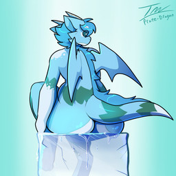 anthro big_butt blue_body blue_eyes butt ice ice_block male solo tail wings prate-dragon mythology huff_(prate) dragon mythological_creature mythological_scalie scalie hi_res