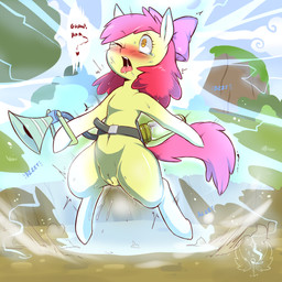 blush bodily_fluids cloud electrocution female feral fur genital_fluids genitals hair loli nude one_eye_closed open_mouth outside red_hair solo tears teeth text tongue tongue_out vaginal_fluids vulva yellow_body yellow_fur young young_feral cold-blooded-twilight friendship_is_magic hasbro my_little_pony apple_bloom_(mlp) earth_pony equid equine horse mammal pony 1:1 english_text hi_res