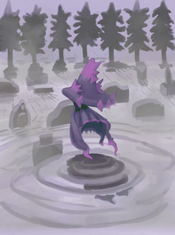 ambiguous_gender cemetery creepy flooding fog liminal_spaces ripple solo text daybreakfade nintendo pokemon generation_4_pokemon ghost mismagius pokemon_(species) spirit absurd_res english_text hi_res huge_filesize