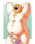 anthro armpit_tuft balls bearded belly bellyhair bodily_fluids body_hair chest_hair deep_navel disembodied_hand droplets embarrassed erection genital_fluids genitals ghost_hand ginger hair hands_behind_head holding_balls looking_up male musclegut muscular navel nipples nude nude_anthro nude_male orange_hair overweight overweight_anthro overweight_male penis precum precum_on_penis precum_string shy shy_smile simple_background slightly_chubby smile solo stocky sweat sweatdrop vein veiny_penis white_body gwolk bear mammal absurd_res hi_res