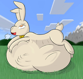 ambiguous_gender ambiguous_prey belly big_belly feral fur looking_pleasured looking_up lying on_front open_mouth orange_eyes size_difference solo_focus tail tail_motion tailwag tongue vore obligatorycube microsoft minecraft mojang xbox_game_studios lagomorph leporid mammal rabbit hi_res