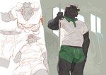 anthro bebebebebe biped black_body black_fur black_hair blush bodily_fluids bovid bovine bulge cattle clothed clothing eyebrows eyes_closed fur group hair hi_res horn looking_down male mammal muscular muscular_male public_transportation silhouette sketch solo_focus sweat trio