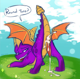 after_anal black_text blue_sky bodily_fluids butt claws cloud cum cum_in_ass cum_inside cum_leaking_from_ass cum_on_ground dialogue erection fallen_hero feral genital_fluids genitals grass horn leaking_cum male orange_wings penis plant presenting presenting_hindquarters purple_body purple_scales raised_tail red_penis requesting scales sex_request sky solo speech_bubble tail tapering_penis text wings yellow_body yellow_claws yellow_horn yellow_scales yellow_underbelly prince-vulpine activision mythology spyro_the_dragon spyro dragon mythological_creature mythological_scalie scalie 2025 absurd_res colored digital_drawing_(artwork) digital_media_(artwork) english_text hi_res
