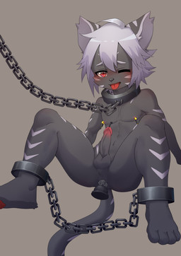 4_toes ahegao anal anal_penetration ankle_cuffs anthro anthro_penetrated balls bdsm blush bondage bound chain chain_leash chained circumcised collar collar_only cuff_(restraint) dildo dildo_in_ass dildo_insertion erection feet fur genitals grey_body grey_fur hair humanoid_genitalia humanoid_penis leash looking_at_viewer looking_pleasured lube male male_penetrated metal_collar navel nipple_clamp nipple_fetish nipple_play nipples nude object_in_ass one_eye_closed pawpads penetration penile penis red_eyes restraints sex_toy sex_toy_in_ass sex_toy_insertion shackles shota simple_background sitting solo sounding_rod striped_body striped_fur stripes toes tongue tongue_out urethral urethral_penetration white_hair young young_anthro toye2004 domestic_cat felid feline felis mammal absurd_res digital_media_(artwork) hi_res