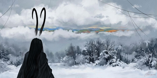 anthro black_body black_hair cloud cloudy_sky fake_horns female foggy_background forest forest_background hair mountain nature outside plant sky snow solo tree winter conditional_dnp kiras_arkaneks domestic_cat felid feline felis mammal thai_cat 2:1 absurd_res hi_res