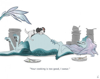 apron apron_only belly big_belly bloated claws clothing dialogue duo empty_plate eye_contact fangs female feral fur hair half-closed_eyes horn looking_at_another lying male narrowed_eyes nude on_back on_front open_mouth overweight overweight_female paws resting_on_belly scales slightly_chubby slightly_chubby_female tail teeth text convexpert disney mythology raya_and_the_last_dragon fan_character sisu_(ratld) canid canine canis domestic_dog dragon eastern_dragon mammal mythological_creature mythological_scalie scalie 2025 hi_res signature