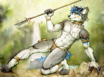 4_toes 5_fingers abs anklet anthro athletic athletic_anthro athletic_male barefoot black_nose blue_hair blue_tail bottomwear bracelet claws clothed clothing collar countershade_torso countershading detailed_background ear_piercing feet fingers fur grey_body grey_fur grey_hair grey_tail hair jewelry kneeling loincloth male markings melee_weapon mostly_nude navel on_one_knee outside paws pecs piercing polearm pose smile solo spear studded_collar studs tail toes tooth_necklace topless tribal waterfall weapon white_body white_fur akatan_art canid canine canis domestic_dog husky mammal nordic_sled_dog spitz digital_media_(artwork) hi_res painting_(artwork) traditional_media_(artwork) watercolor_(artwork)
