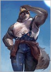 anthro armor armpit_hair big_muscles body_hair bottomwear candy clothing denim denim_bottomwear denim_clothing dessert engineer_(profession) fluffy fluffy_tail food front_view fur gloves grey_body grey_fur handwear hard_hat headgear helmet jacket_belt jeans lollipop looking_at_viewer looking_down looking_down_at_viewer looming low-angle_view male muscular muscular_male nipple_outline overalls pants screwdriver shirt solo tail tank_top technician tools topwear white_clothing white_shirt white_tank_top white_topwear wrench wuqianlong576 canid canine canis mammal wolf 2022 hi_res