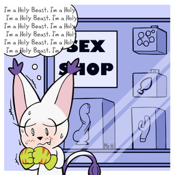 anal_beads anthro blush bodily_fluids buttplug claws clothing dildo eyelashes female fur gloves handwear plug_(sex_toy) sex_shop sex_toy smile solo spiral_pupils store sweat tail text thought_bubble white_body white_fur mr_harinezumi bandai_namco digimon bianc_(el_senor_erizo) digimon_(species) felid gatomon mammal 1:1 english_text hi_res