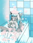 anthro bath blep bubble_bath cuddling duo eyes_closed hug male male/male tongue tongue_out sting_12 dante_kinkade zack_(thezackrabbit) canid canine canis lagomorph leporid mammal rabbit wolf hi_res