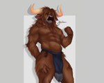 abs anthro barazoku biceps bottomwear clothed clothing fluffy fur hair horn loincloth male muscular muscular_anthro muscular_male pecs simple_background solo thick_thighs topless feelieowo bovid bovine cattle highland_cattle mammal 5:4 digital_media_(artwork) hi_res