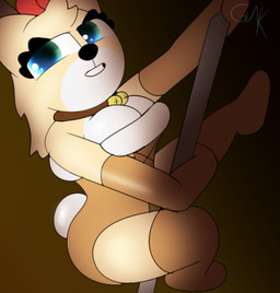 accessory anthro antlers armwear bell big_breasts blonde_hair bow_(feature) breasts cleavage clothed clothing collar costume dancing female fur hair hair_accessory hand_on_pole horn legwear looking_at_viewer neck_collar open_clothing open_topwear pole pole_dancing raised_leg reindeer_costume short_tail simple_background smile solo suggestive_look suggestive_pose tail topwear white_body white_fur yellow_body yellow_fur guak mia_miller_(guak) deer humanoid mammal new_world_deer reindeer hi_res
