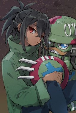 anthro armor black_hair claws duo eyewear goggles hair headgear helmet hug male red_eyes sharp_teeth shield teeth fucoidance bandai_namco digimon digimon_beatbreak granit_(digimon_beatbreak) digimon_(species) human ludomon mammal