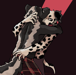 anthro black_body black_fur black_nose clothed clothing collar duo fluffy fluffy_tail folded_ears fur hug hugging_another looking_at_viewer looking_back male male/male markings multicolored_body multicolored_fur pajama_pants spots spotted_body spotted_fur striped_body striped_fur stripes tail topless topless_male two_tone_body two_tone_fur white_body white_fur mawfulme canid canine canis dalmatian domestic_dog mammal mephitid skunk hi_res