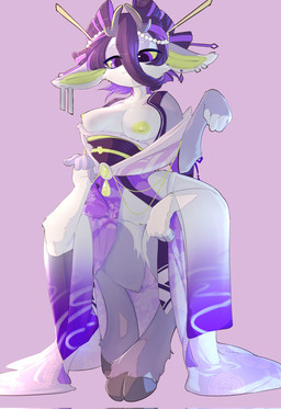2_horns 4_arms anthro areola asian_clothing bangs biped black_hair breasts cheek_tuft clothed clothed_anthro clothed_female clothing countershading crossed_bangs digitigrade ear_piercing ear_ring east_asian_clothing facial_tuft female female_anthro front_view fur fur_tuft genitals green_inner_ear green_sclera hair hooves horn innie_vulva japanese_clothing kimono medium_breasts monotone_hair multi_arm multi_limb multicolored_body multicolored_fur nipples open_clothing open_kimono partially_clothed piercing pose purple_background purple_body purple_eyes purple_fur ring_piercing short_hair simple_background slim slim_anthro slim_female solo straight_hair swept_bangs tuft two_tone_body two_tone_fur unguligrade vulva white_body white_countershading white_fur lunargent deer mammal 2026 digital_drawing_(artwork) digital_media_(artwork) hi_res pinup shaded soft_shading