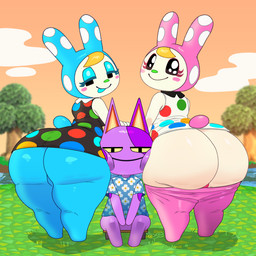 anthro big_butt blonde_hair blush breasts butt clothed clothing face_between_cheeks face_squish female fur group hair leggings legwear looking_at_viewer male male/female overweight panties purple_body purple_fur smile squish tail thick_thighs trio underwear kerotheklutz animal_crossing nintendo bob_(animal_crossing) chrissy_(animal_crossing) francine_(animal_crossing) domestic_cat felid feline felis lagomorph leporid mammal rabbit 1:1 digital_media_(artwork) hi_res sibling_(lore) sister_(lore) sisters_(lore)