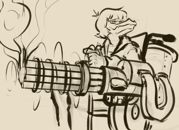 anthro claws clothing disability eyelashes female fingers gatling_gun gun hair hoodie machine_gun paraplegic ranged_weapon short_hair sitting smile snout solo topwear vehicle weapon wheelchair wikd_xd cavemanon_studios i_wani_hug_that_gator olivia_halford baryonyx dinosaur prehistoric_species reptile scalie spinosaurid theropod 2023 absurd_res black_and_white hi_res monochrome
