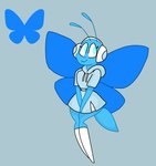 anthro blue_body blue_eyes blue_skin bottomwear clothed clothing cute_fangs electronics fangs female headphones hoodie leggings legwear skirt solo teeth topwear sticostudios bluesky_(social_media) bluesfly_(sticostudios) arthropod butterfly insect lepidopteran hi_res