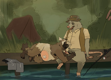 anthro balls band-aid bandage brown_body brown_fur chastity_cage chastity_device clothing detailed_background duo erection eyes_closed fur genitals hat headgear headwear male male/male open_mouth oral outside overweight overweight_male penis shirt sitting topwear demilittleguy fantastic_mr._fox kylie_sven_opossum american_opossum canid canine mammal marsupial raccoon_dog tanuki 2026 hi_res