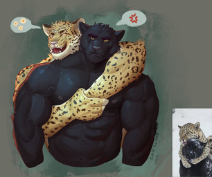 abs anthro arms_around_partner biceps black_body black_fur brown_background clingy clothed clothing cross-popping_vein deltoids duo eyebrows eyes_closed feral flower fur grumpy happy male male/male markings melanistic multicolored_body multicolored_fur muscular muscular_anthro muscular_male navel nipples pecs photo_reference plant simple_background spots spotted_body spotted_fur text topless trapezius whiskers yellow_body yellow_fur yellow_sclera marttinvento felid leopard mammal pantherine 2026 artist_name hi_res reference_image