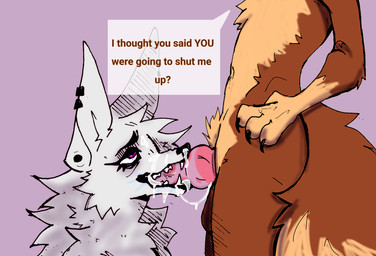 anthro big_ears big_tail bodily_fluids brown_body brown_fur cum cum_on_face duo earpiece fellatio female fur genital_fluids genitals intersex intersex/female knot knotted_penis looking_pleasured oral penile penis sex simple_background speech_bubble tail white_body white_fur jabacoyote jaba_(jabacoyote) tht_(tht) canid canine canis coyote jackal mammal hi_res