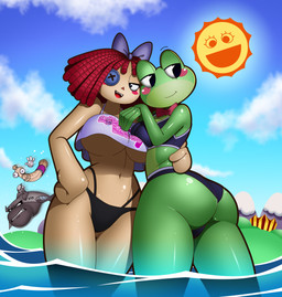 anthro big_butt bikini biped breasts butt clothed clothing duo_focus female female/female feral glistening glistening_body green_body group male open_mouth partially_submerged shirt sky smile swimwear thick_thighs topwear two-piece_swimsuit water chacrawarrior gameoverse glitch_productions the_amazing_digital_circus kinger_(tadc) ragatha_(tadc) ribbit_(tadc) snappers_(gameoverse) sun_(tadc) amphibian aquatic fish frog humanoid shark absurd_res hi_res